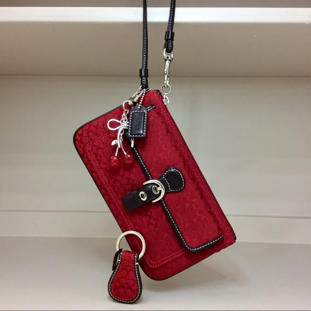 ✨ Coach Vintage Y2K Wristlet Red Brown Leather Trim Pouch Authentic Key Fob Set